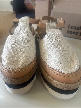 Free People Cream Crochet Platform Sandals with Tan Trim
